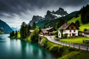 a beautiful mountain landscape with a lake and a house. AI-Generated photo