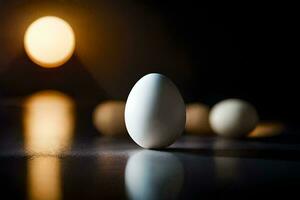 an egg is standing in front of a light. AI-Generated photo