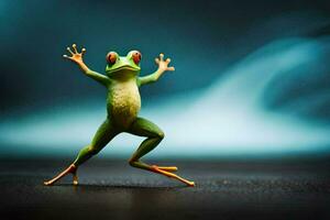 a frog is standing on its hind legs and is holding its arms out. AI-Generated photo