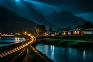 a bridge over a river at night with a moon in the sky. AI-Generated photo