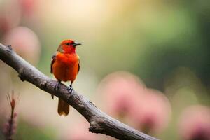 a red bird sitting on a branch. AI-Generated photo