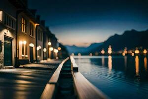 a long row of houses along a lake at night. AI-Generated photo