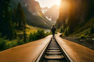 un persona caminando en un tren pista en el montañas. generado por ai foto