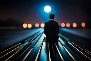 a man sitting on the railroad tracks at night. AI-Generated photo