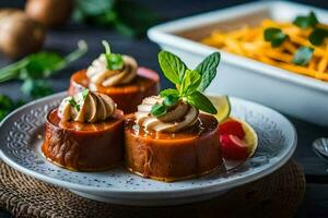 Tres relleno pimientos en un plato con un cuenco de alimento. generado por ai foto