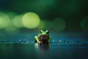 a frog sitting on the ground in front of a green background. AI-Generated photo