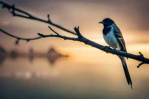 a bird sits on a branch in front of the water. AI-Generated photo