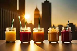 five different types of smoothies in jars on a table. AI-Generated photo