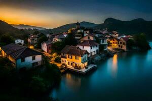 a village on the shore of a lake at dusk. AI-Generated photo