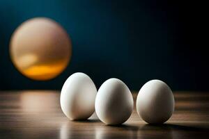 three eggs on a table with a light behind them. AI-Generated photo