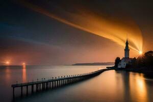 photo wallpaper the sky, the sea, the pier, the lighthouse, the light, the lighthouse. AI-Generated