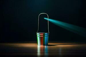 a bucket with a light shining from it. AI-Generated photo