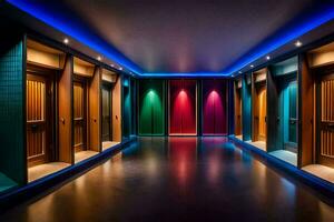 the hallway has a row of doors with colorful lights. AI-Generated photo