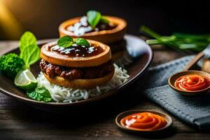 two burgers on a plate with rice and sauce. AI-Generated photo