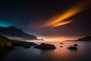 a long exposure photograph of a mountain range and water at sunset. AI-Generated photo