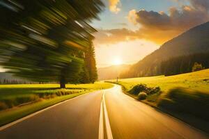 a road in the mountains with a sun setting behind it. AI-Generated photo