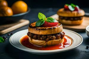 a hamburger with sauce and strawberries on a plate. AI-Generated photo