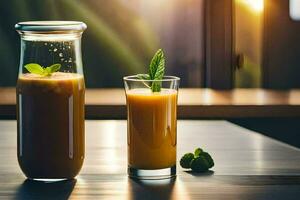 two glasses of orange juice and a pitcher of juice. AI-Generated photo