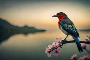 a colorful bird sits on a branch near a lake. AI-Generated photo
