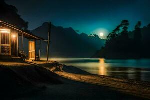 a cabin on the shore of a lake at night. AI-Generated photo