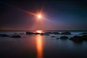 un lleno Luna brilla terminado el Oceano a noche. generado por ai foto