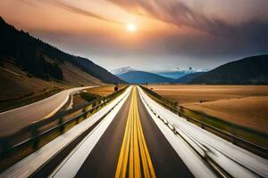 a long exposure photo of a highway with mountains in the background. AI-Generated