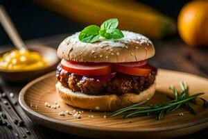 a hamburger with tomatoes and herbs on a wooden plate. AI-Generated photo