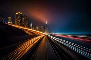 un largo exposición fotografía de un ciudad a noche. generado por ai foto