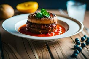a hamburger with sauce on top on a plate. AI-Generated photo