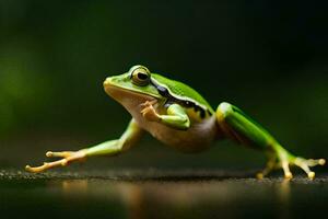 a frog is jumping on a dark surface. AI-Generated photo