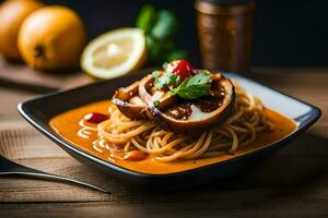 a plate of spaghetti with meat and sauce on a wooden table. AI-Generated photo
