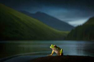 a frog sitting on a rock in front of a lake. AI-Generated photo