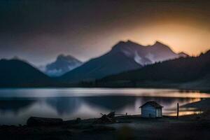 un pequeño cabina se sienta en el apuntalar de un lago con montañas en el antecedentes. generado por ai foto