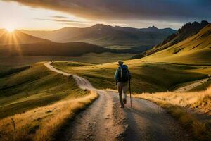 un hombre caminando en un suciedad la carretera en el montañas. generado por ai foto