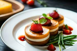 a plate with cheesecake, strawberries and green beans. AI-Generated photo