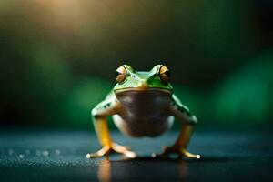 a frog is standing on a table with a green background. AI-Generated photo