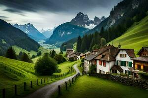 a road in the mountains with green grass and houses. AI-Generated photo