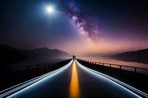 un hombre camina en un puente terminado un lago a noche. generado por ai foto