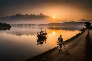 un hombre caminando a lo largo el apuntalar de un lago a amanecer. generado por ai foto