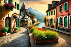 a painting of a street with flowers and buildings. AI-Generated photo