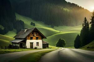 a house sits on a road in the mountains. AI-Generated photo