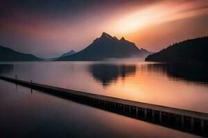 a pier in the middle of a lake with mountains in the background. AI-Generated photo