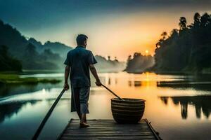 a man is standing on a wooden dock with a basket. AI-Generated photo