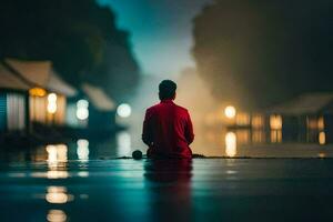 un hombre sentado en el medio de un mojado calle a noche. generado por ai foto