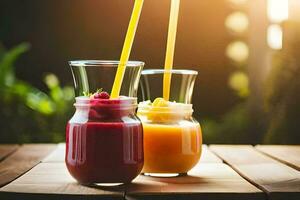 two glasses of juice with straws on a wooden table. AI-Generated photo