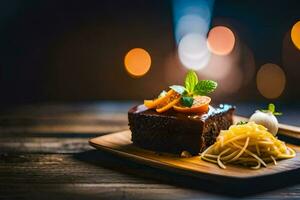 a piece of chocolate cake with spaghetti on a wooden plate. AI-Generated photo