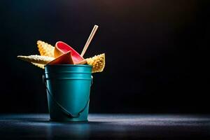 a bucket filled with ice cream and a straw. AI-Generated photo