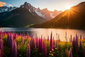the sun rises over the mountains and the lupine flowers. AI-Generated photo