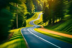 un largo devanado la carretera en el bosque. generado por ai foto