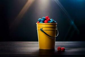 a bucket filled with blue and red berries. AI-Generated photo